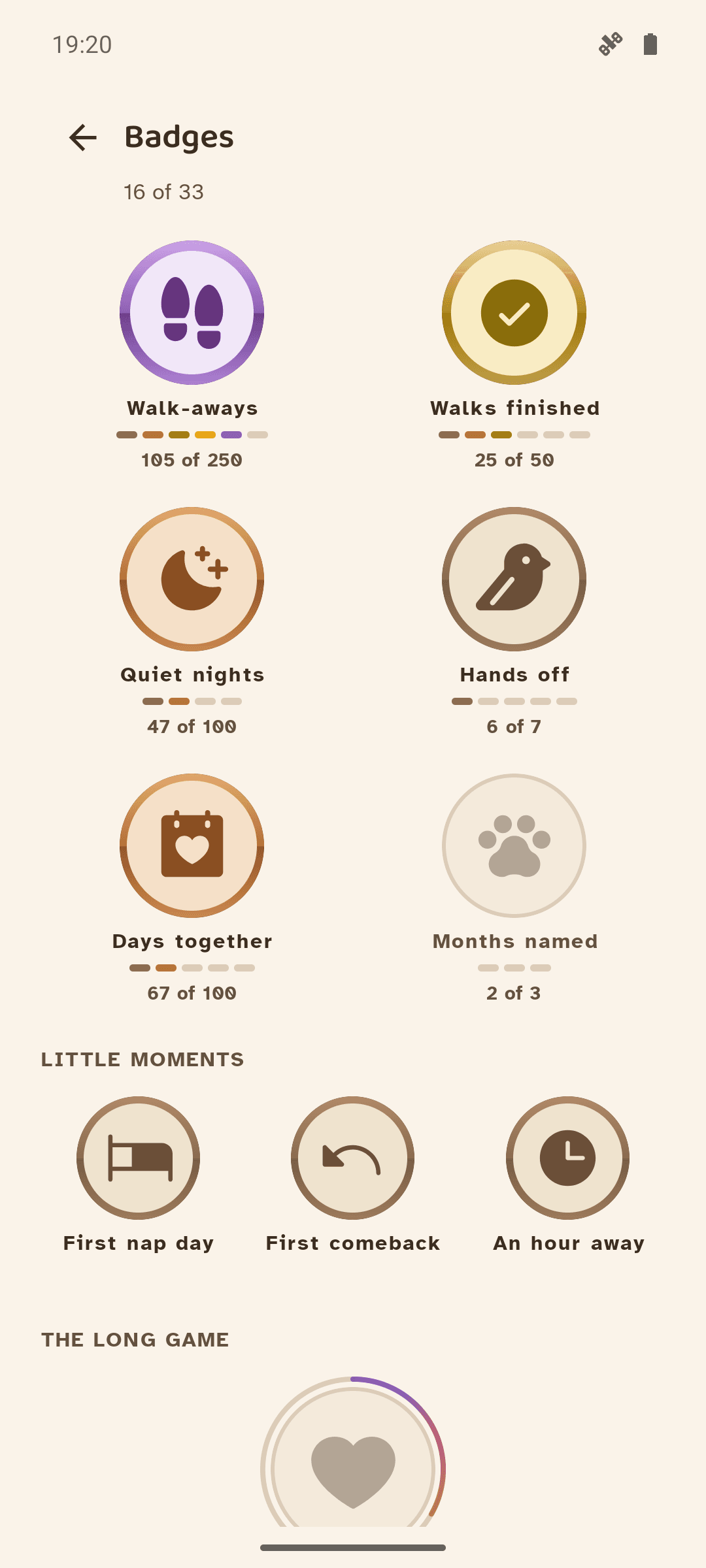 The badge wall, 16 of 33 earned: one medallion per family, walk-aways in amethyst, walks finished in gold, quiet nights in copper, plain progress counts like '105 of 250', and a capstone heart with a progress ring under 'The long game'