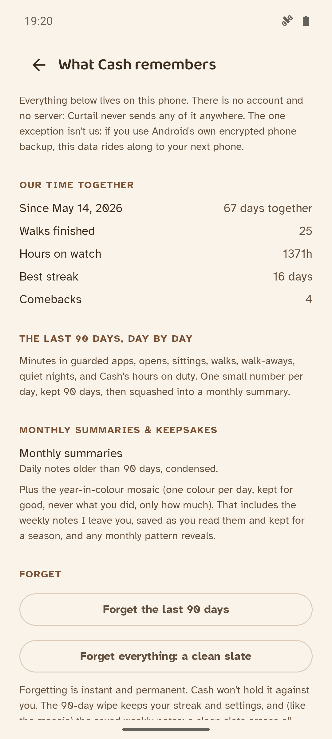 Curtail's 'What Cash remembers' screen: everything stored on the phone, kept 90 days then squashed into a monthly summary, with buttons to forget the last 90 days or everything