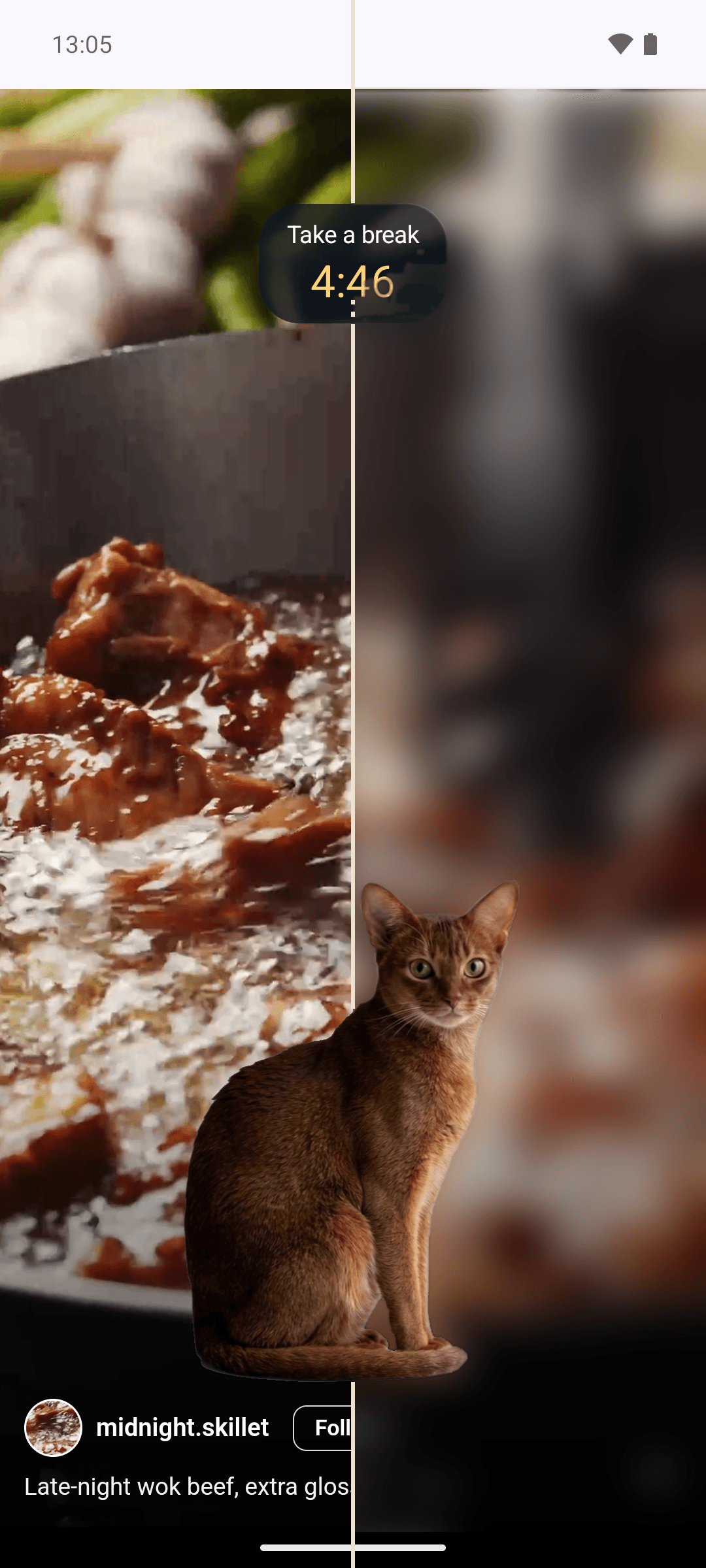One Curtail screenshot split down the middle: on the left the cooking reel behind Cash stays fully readable, on the right the same reel is frosted into fog. Cash sits across both halves, staring straight at you from under the countdown pill