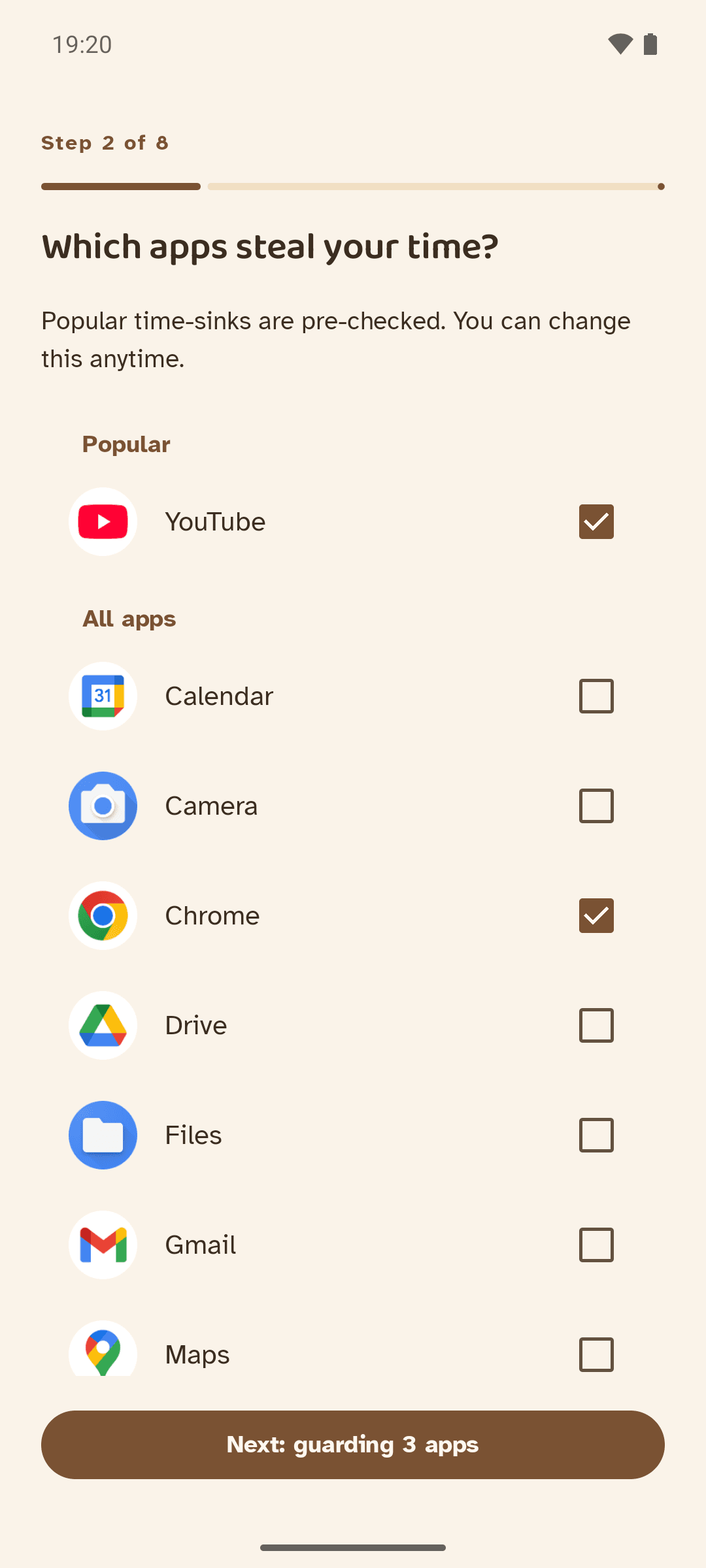 Curtail setup screenshot: step 2 of 8, 'Which apps steal your time?', with YouTube pre-checked under Popular and a button reading 'Next: guarding 3 apps'